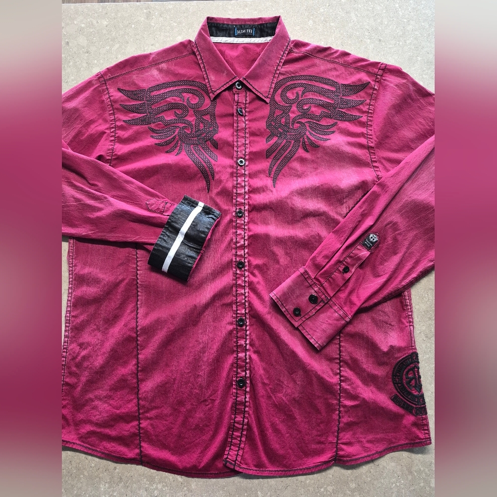 Roar Long Sleeve Button Down Shirt Distressed Red Black Embro Western Rock READ
